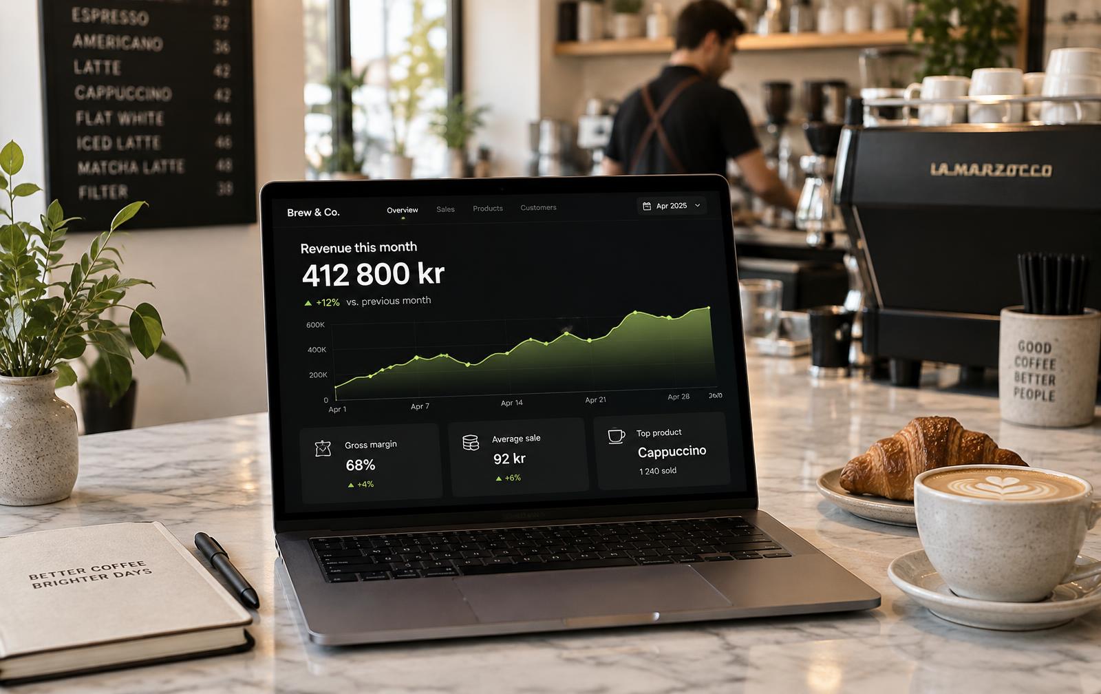 Bright Stockholm café counter with a tablet showing the Kai financial overview while a barista works