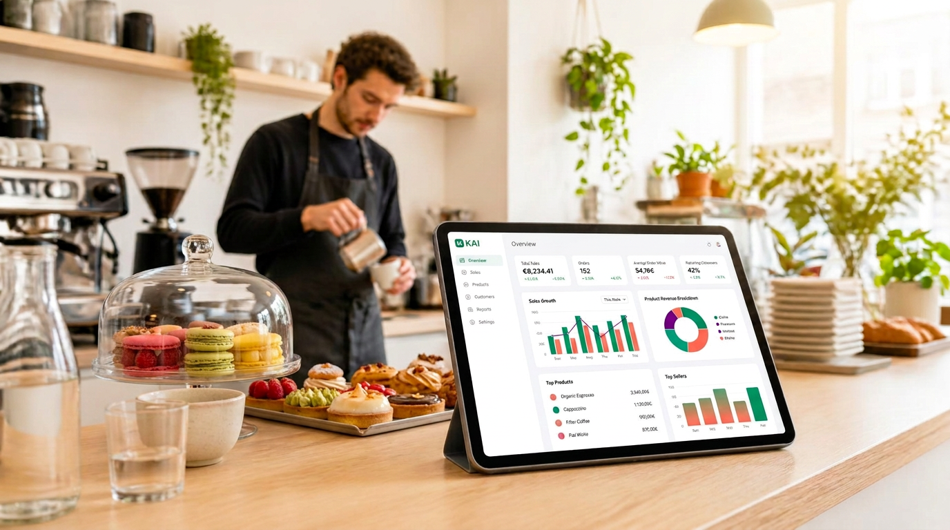 Bright Stockholm café counter with a tablet showing the KAI live overview while a barista works