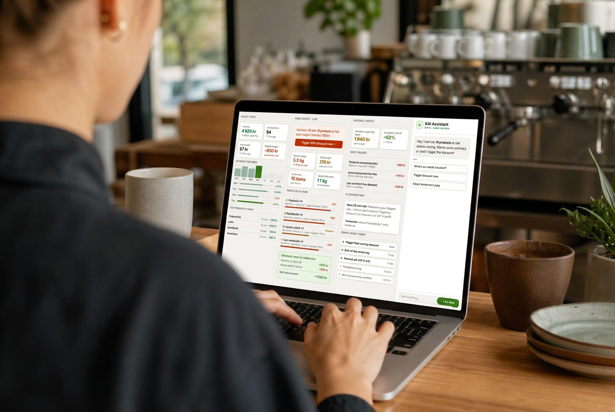 KAI live café dashboard showing sales today, food waste at risk, invisible waste and the AI assistant