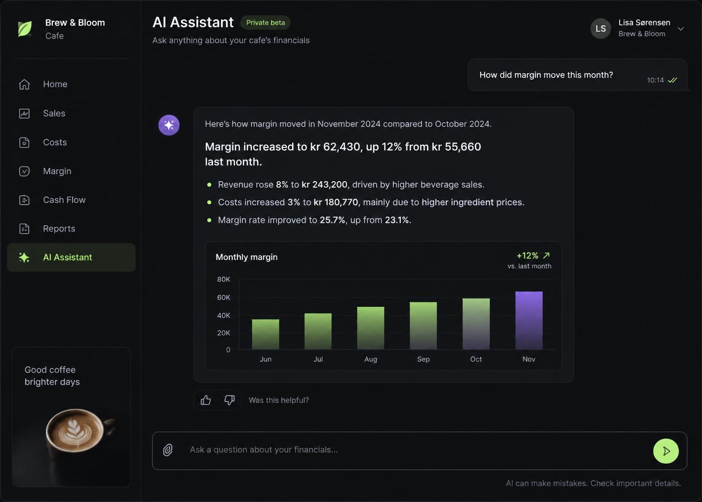 Ask Kai answering a question about margin with figures and a chart