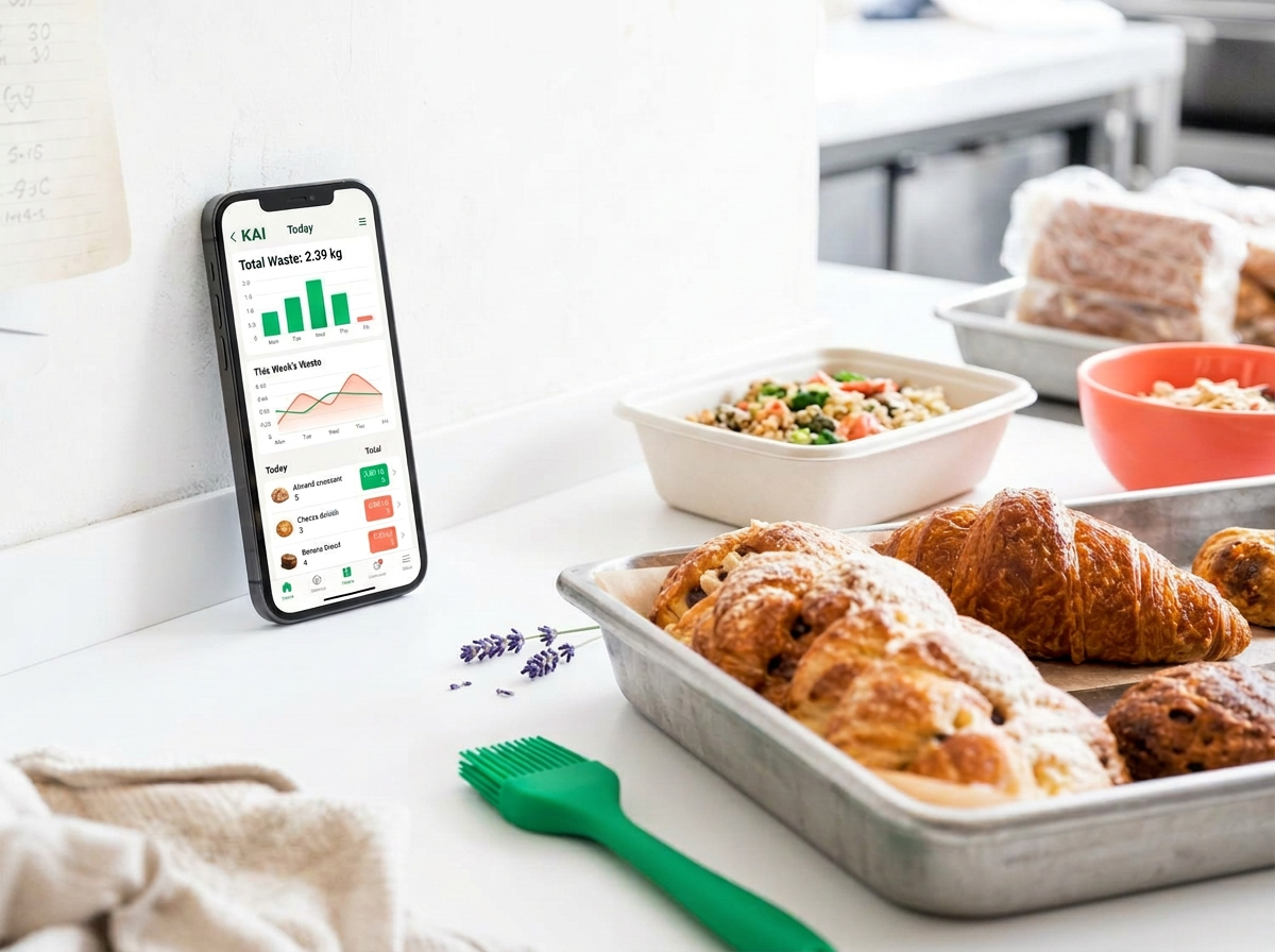 Phone in a café prep area showing the KAI food waste log in kilograms